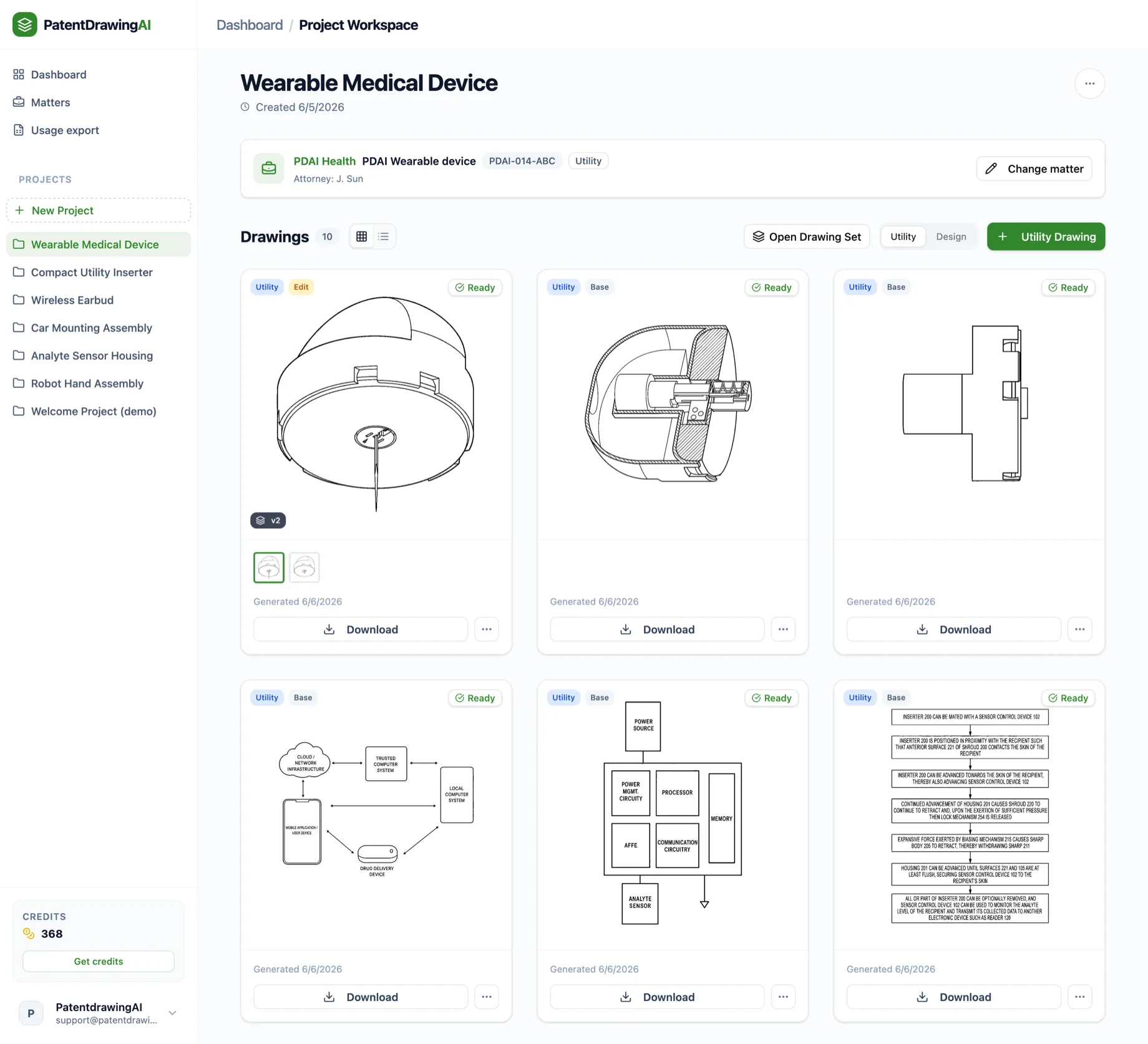 PatentDrawingAI project workspace showing patent drawings of different types (line art, cross-sections, block diagrams, and flowcharts) in one project, linked to a client matter